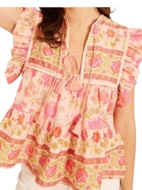 Mille Chelsea Floral Peasant Boho Ruffle Tassel Top Womens Small Pink Coquette